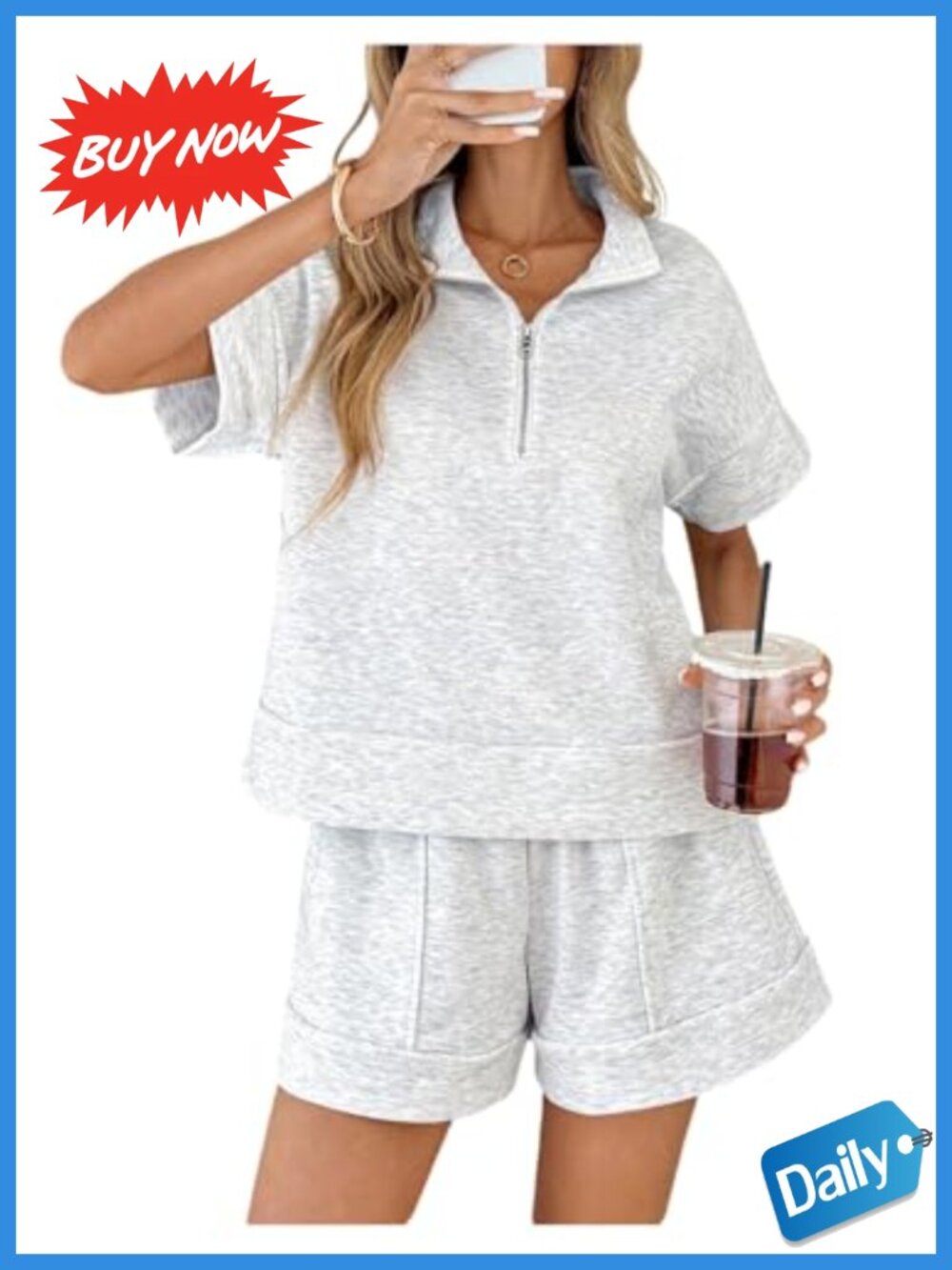 2 Piece Shorts Set Quarter Zip Pullover Lightweight Casual Gym Set